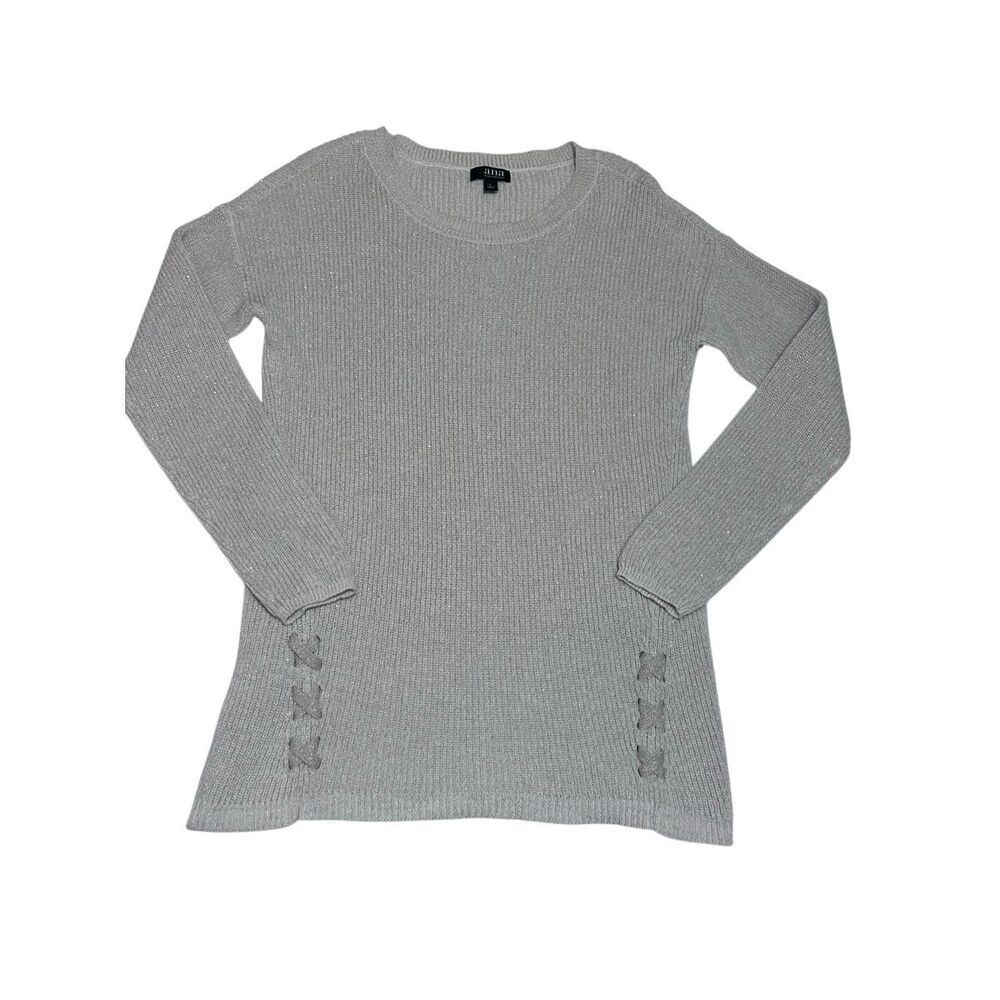 A.N.A. Sparkly Long Sleeve Crew Neck Sweater Cream Women’s Size L Lace Up Sides